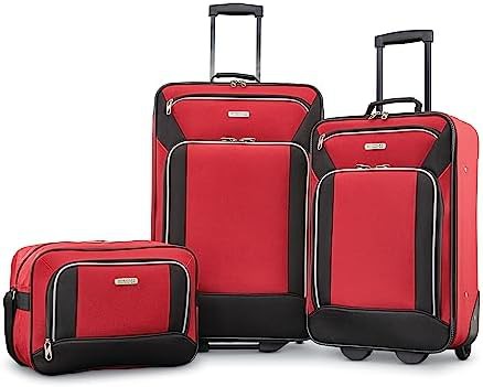 Red and black 3 piece softside upright luggage set